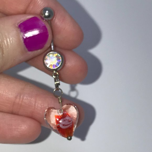 Red Lamp work Glass Heart Dangle Belly Rings - Picture 1 of 9